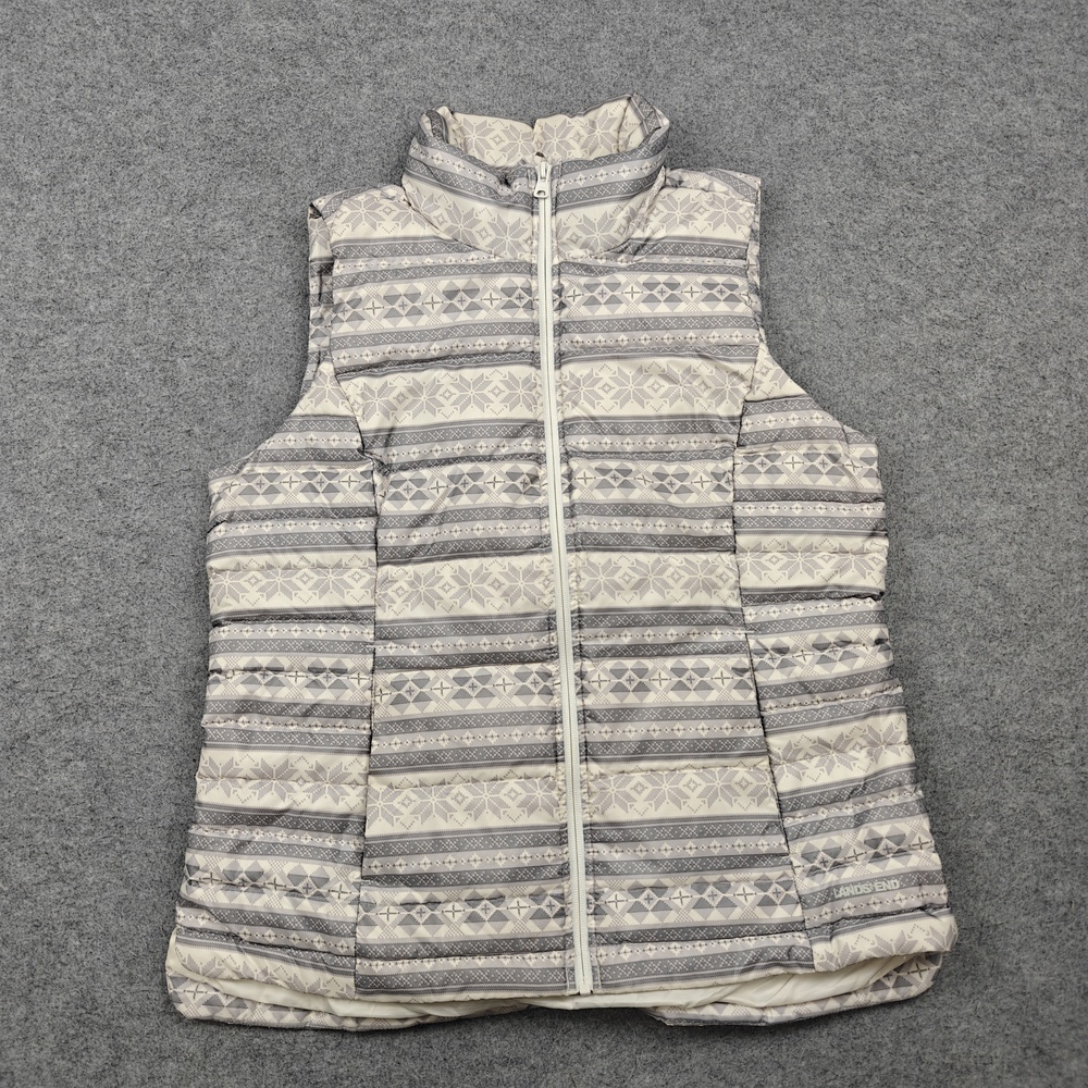 Lands' End Vest Girls 10-12 White Puffer Insulated Full Zip Pockets Fair Isle